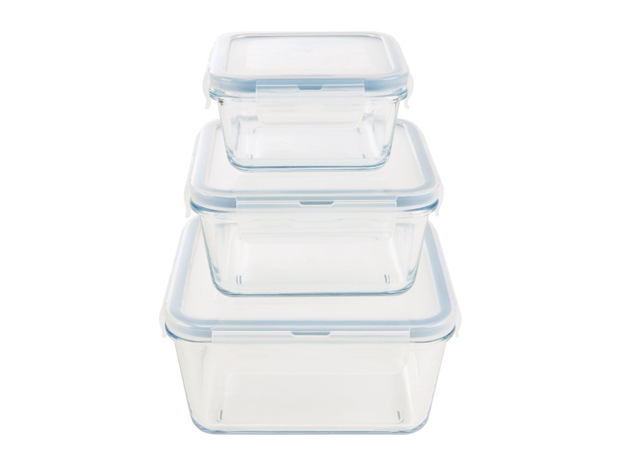 A stack of four clear glass food storage containers with light blue lids.