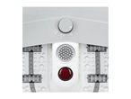 Top-down view of a foot spa with a control dial, massage rollers, and a red light.
