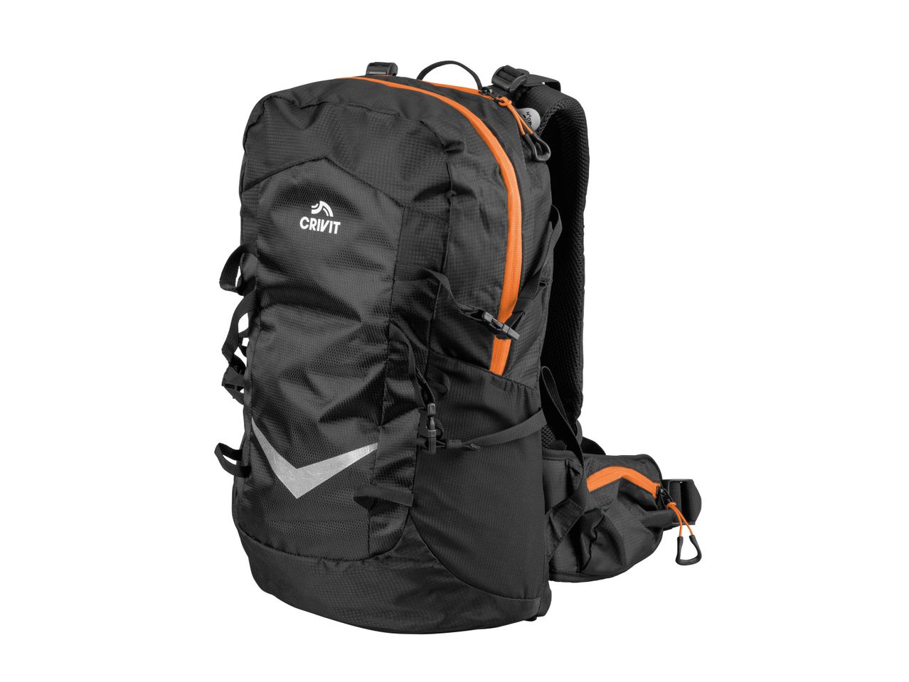 Black and orange Crivit hiking backpack with reflective accents.