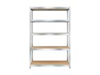 Five-tier metal shelving unit with light brown wooden shelves on a white background.