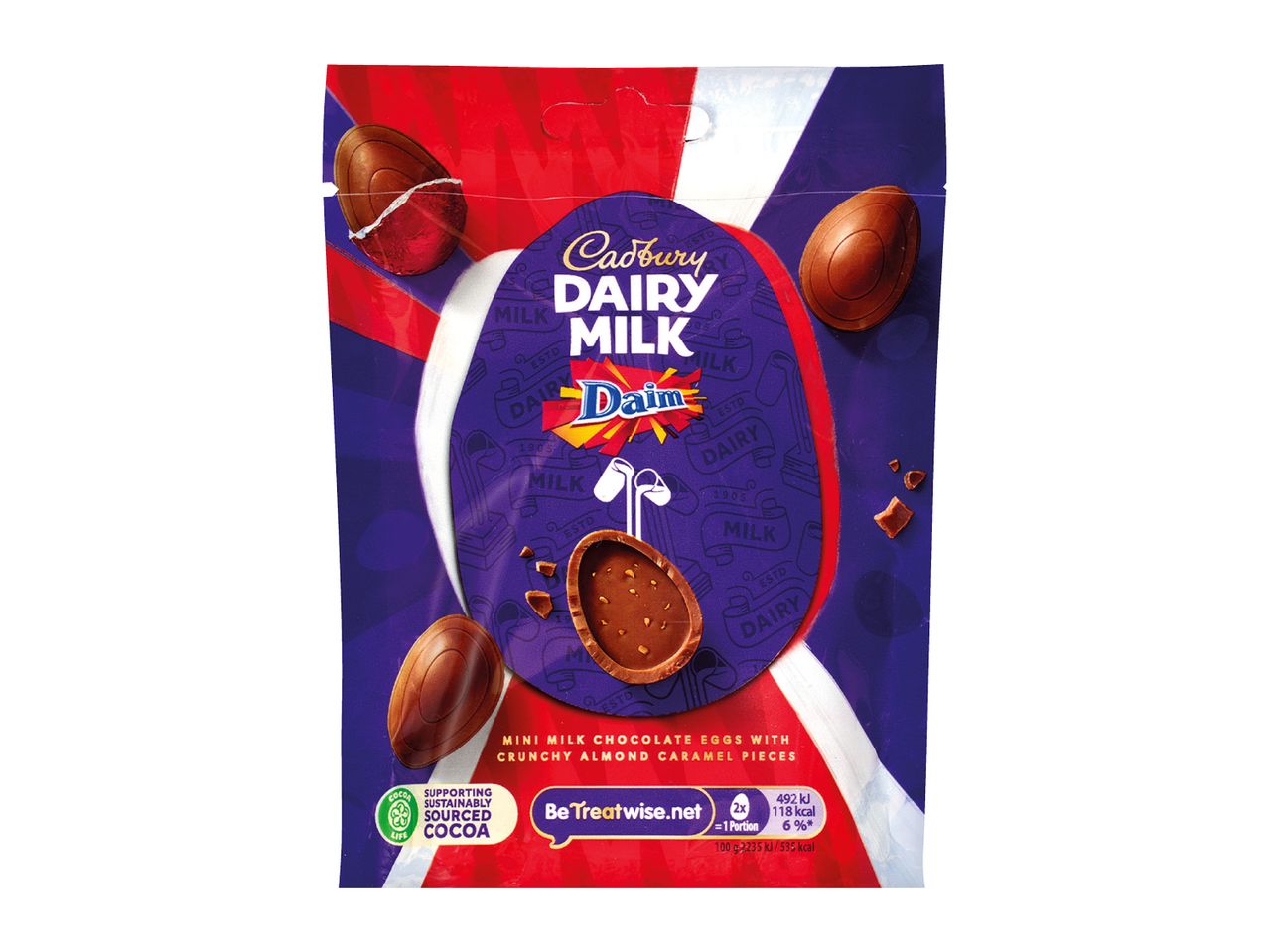 Purple and red bag of mini milk chocolate eggs with crunchy almond caramel pieces.