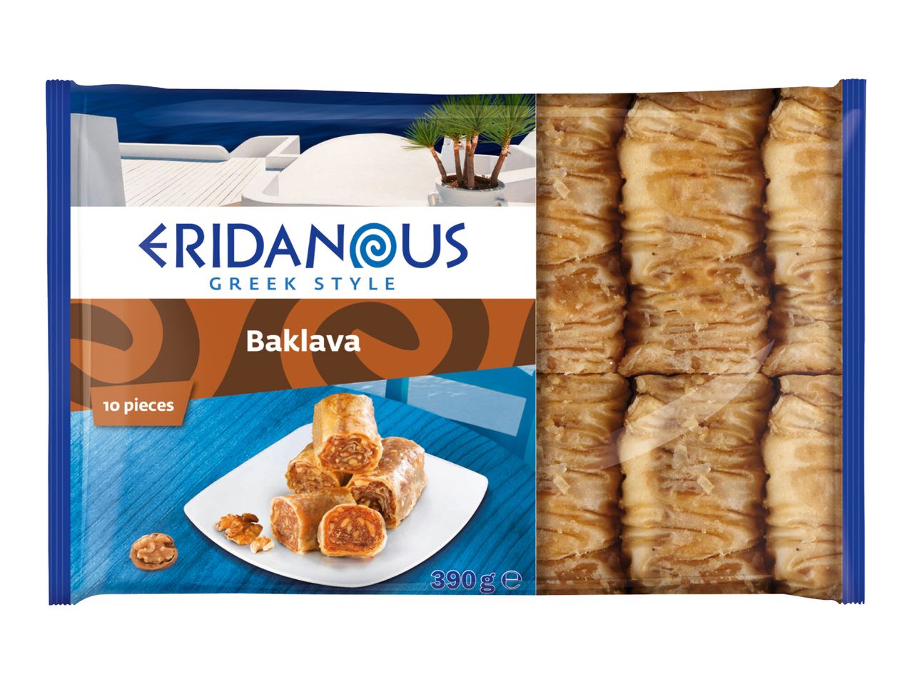 Baklava package with 10 pieces, Greek style, 390g, with walnuts and a blue background.