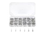 A clear plastic case filled with many small, silver metal pins.