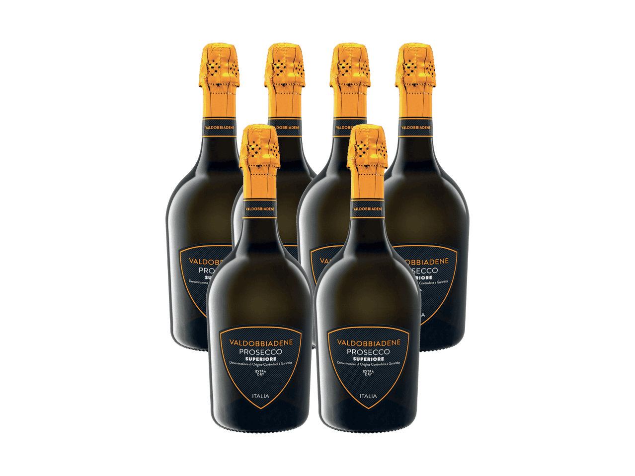 Six bouteilles de Valdobbiadene Prosecco Superiore Extra Dry avec des capsules dorées.