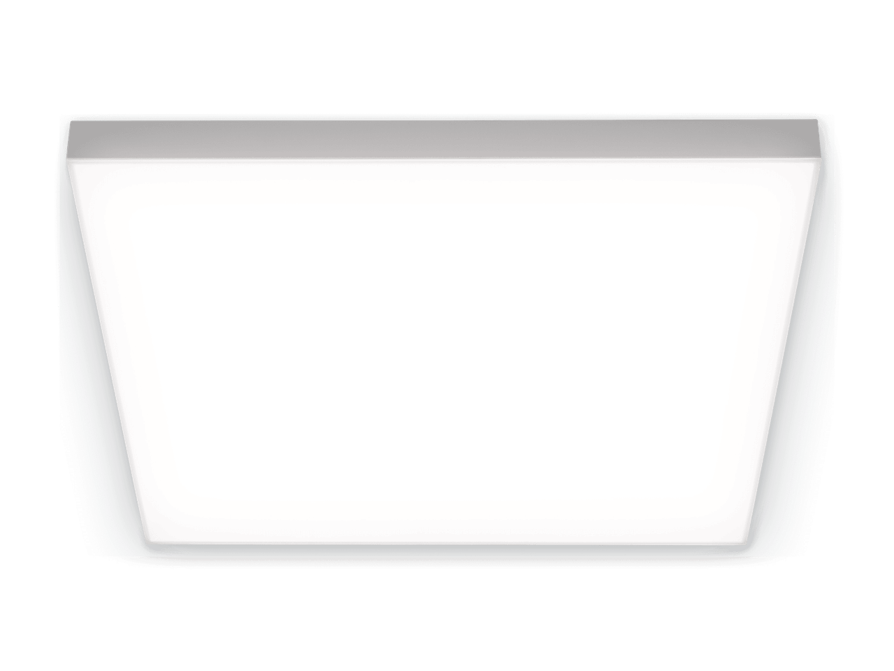 Eine rechteckige, weiße LED-Deckenleuchte mit einem grauen Rahmen auf schwarzem Hintergrund.