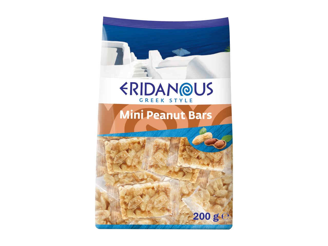 Packaging for Greek-style mini peanut bars, showing the bars and peanuts, 200g.