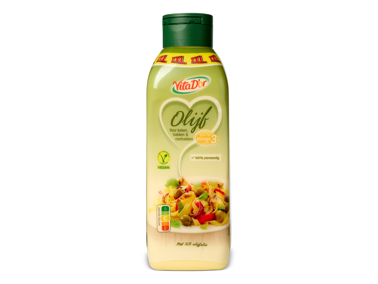 Fles olijfolie voor koken, bakken en roerbakken, met Omega 3 en Nutri-Score B.