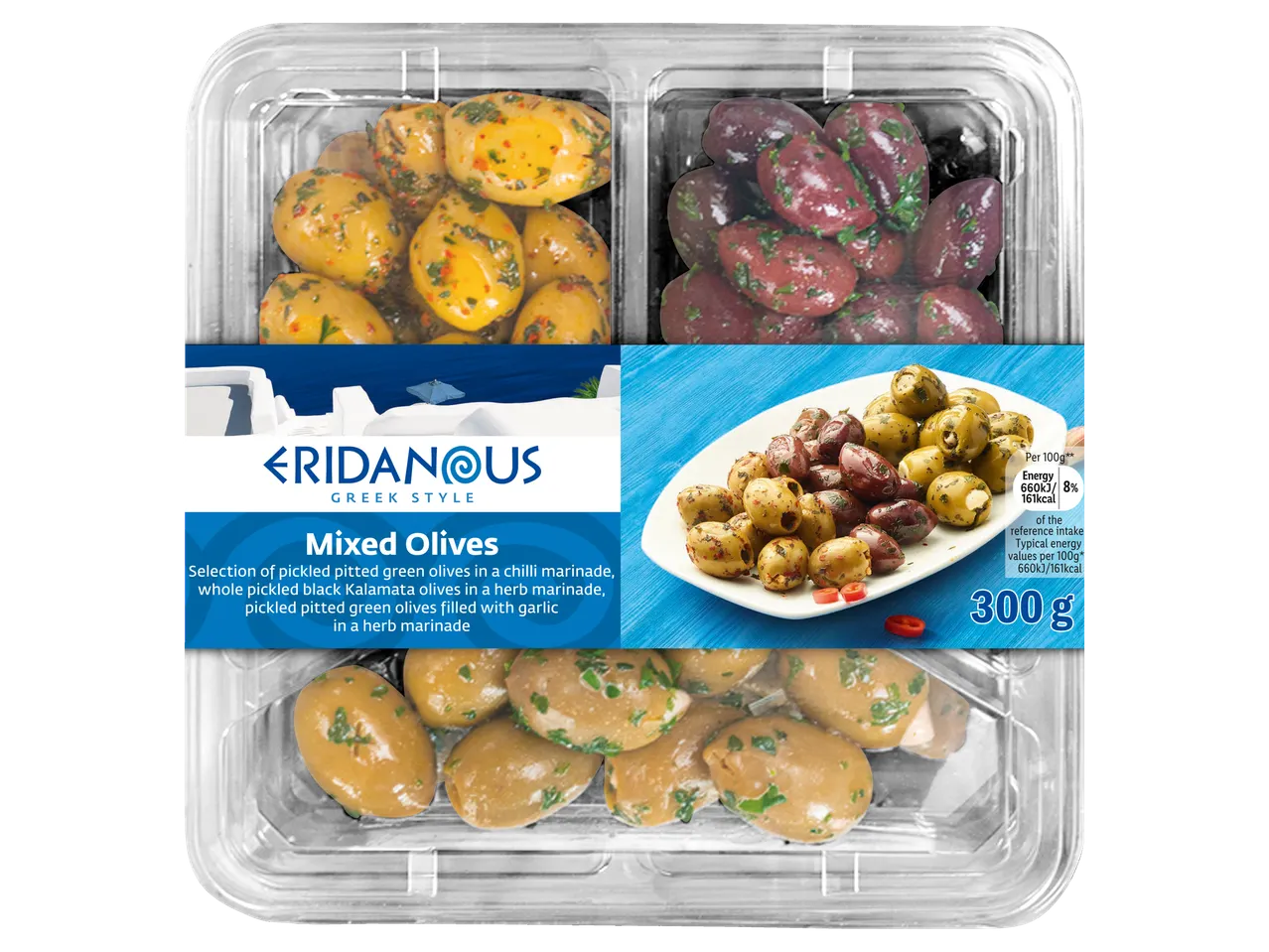 Eridanous Mixed Olives in a clear plastic container, featuring green and black olives.