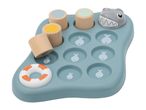 Whack-a-mole style game with a shark, wooden pegs, and fish-themed holes.
