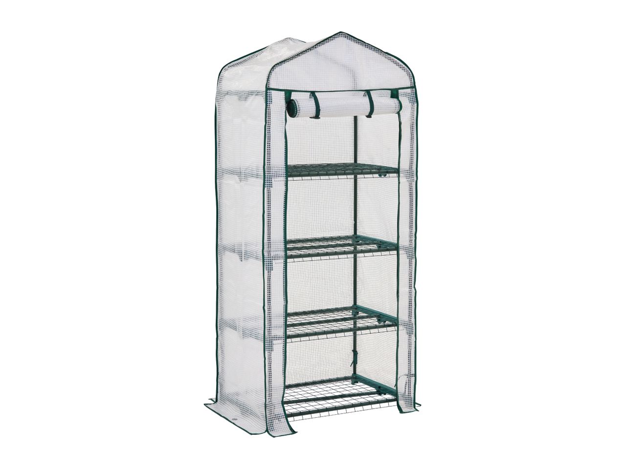 Tall, narrow, four-tier mini greenhouse with a clear plastic cover and green trim.