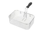 Rectangular metal deep fryer basket with a black handle