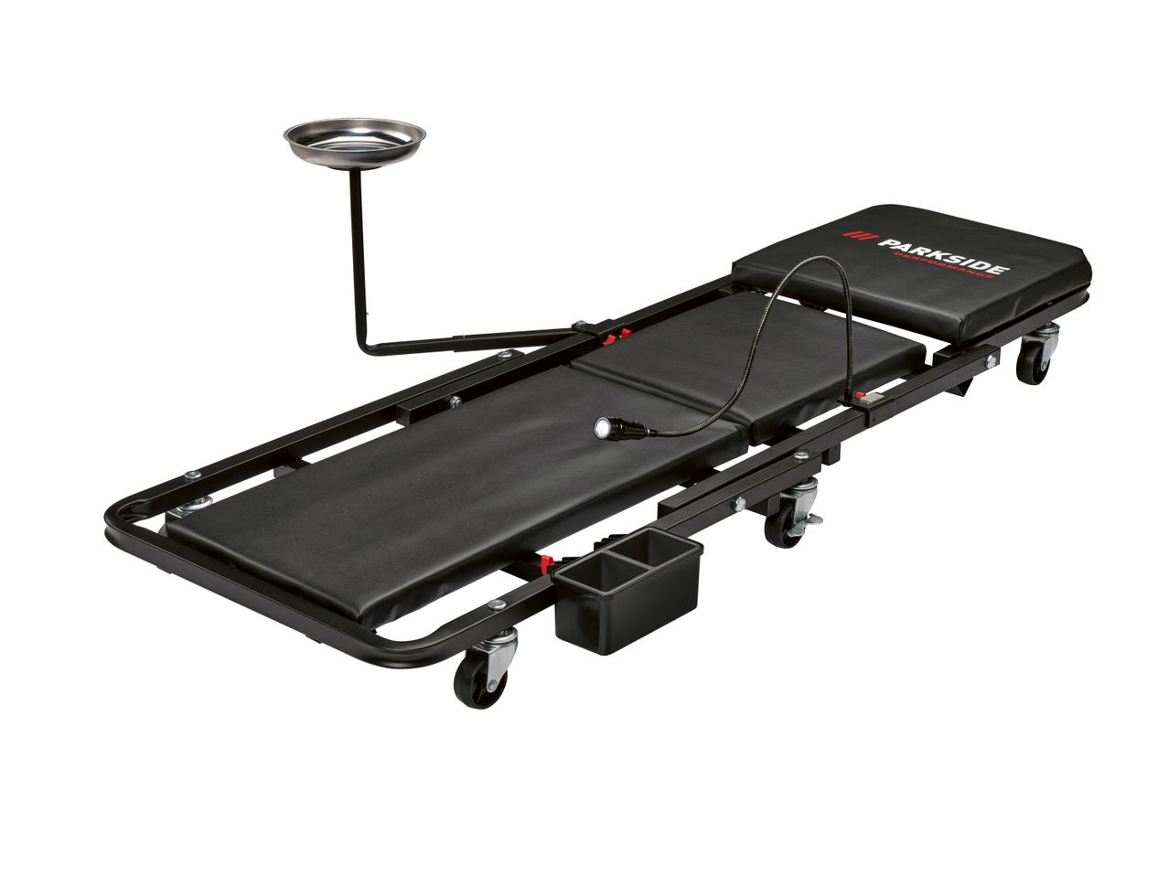 Parkside Performance creeper with oil tray, LED light, and storage.