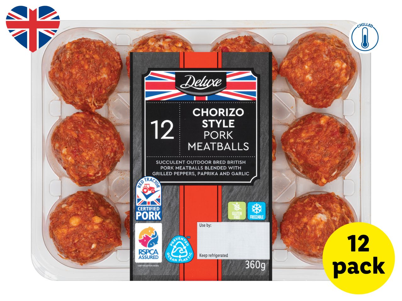 A pack of 12 chorizo-style pork meatballs, chilled and ready to cook.