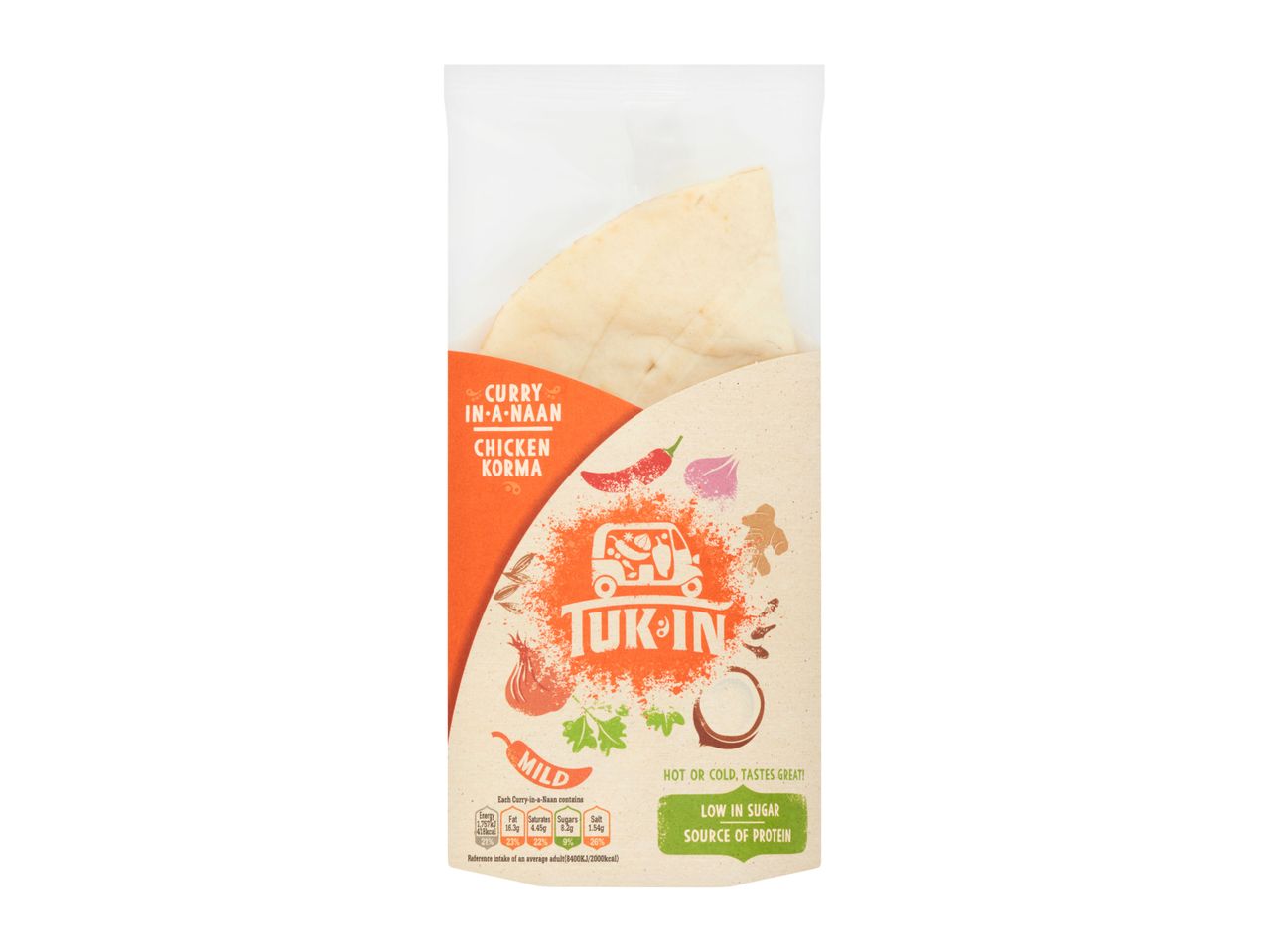 Tuk-In Mild Chicken Korma Curry in a Naan bread.