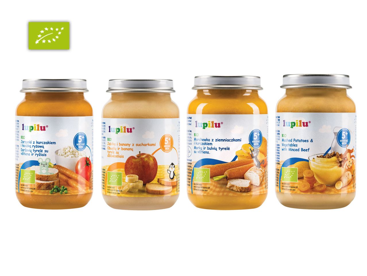 Lupilu bio kūdikių maistas: morkos, bulvės, vištiena, jautiena.