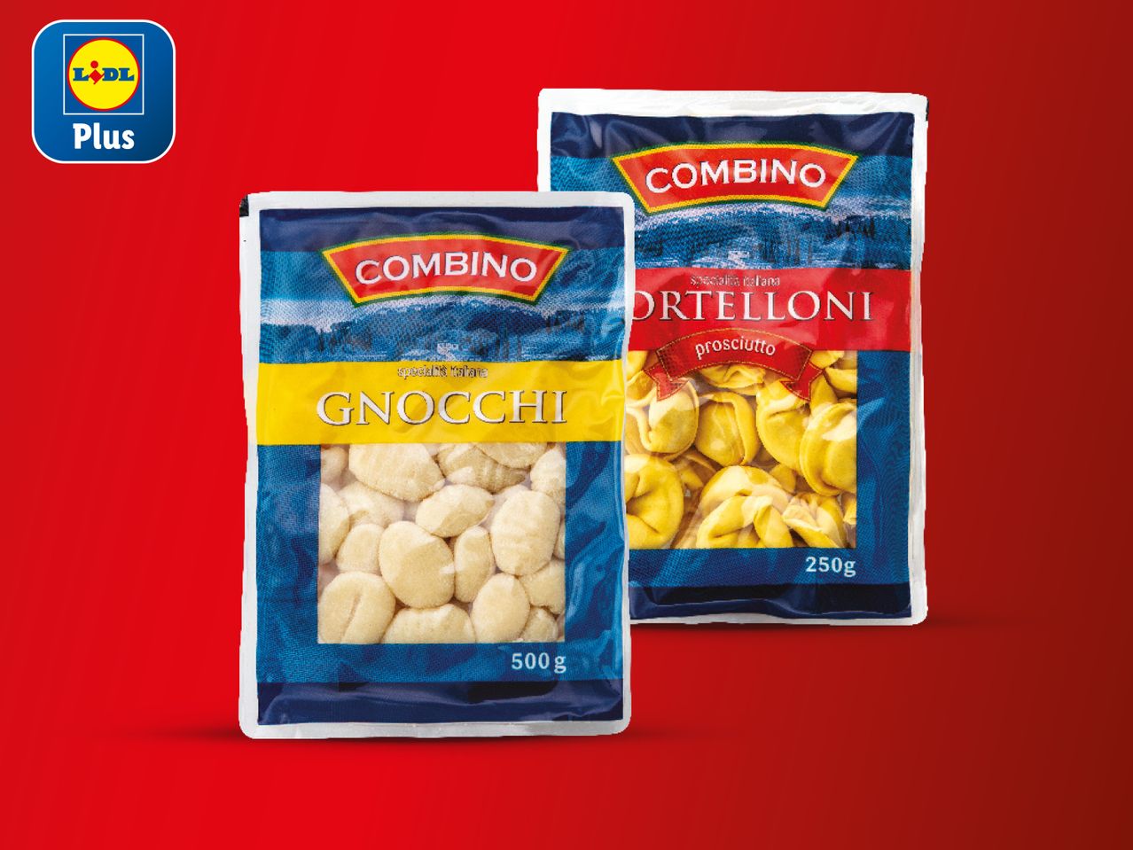 Pakiranja smrznutih gnocchija (500g) i tortellonija s pršutom (250g) marke Combino iz Lidla Plus.