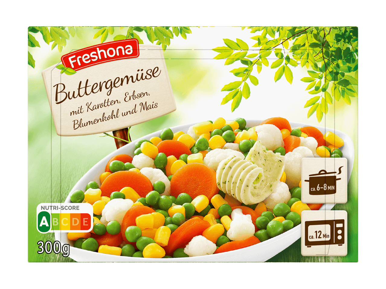 Packung Buttergemüse mit Karotten, Erbsen, Blumenkohl und Mais, Nutri-Score A, 300g