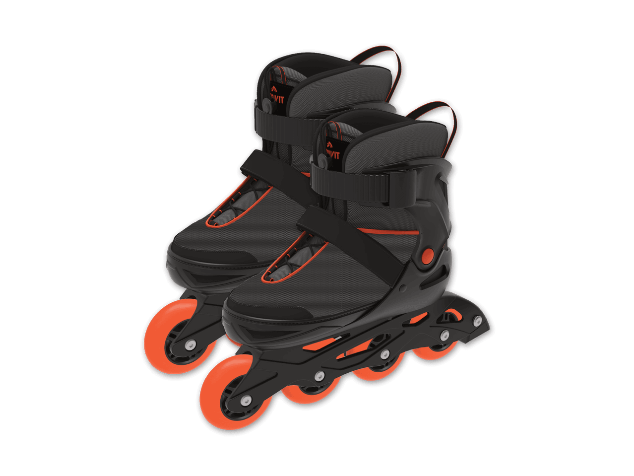 Ein Paar schwarze Inline-Skates mit orangenen Rollen.