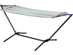 Livarno Hammock with Frame, striped in blue, light blue, and cream, on a black stand.