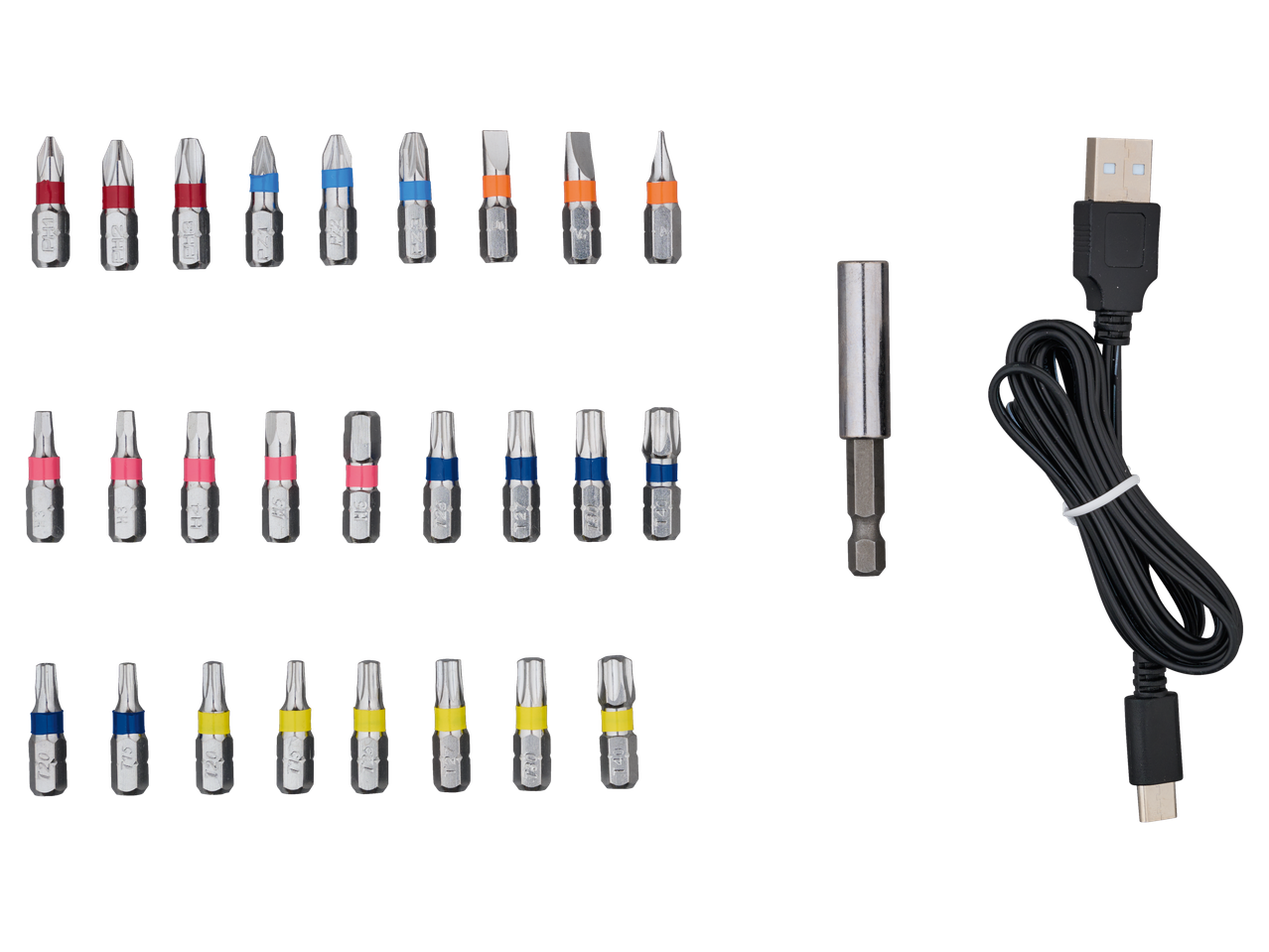 Комплект накрайници за отвертка и USB кабел за зареждане.