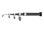 Close-up of a black telescopic fishing rod with silver guides and an orange tip.