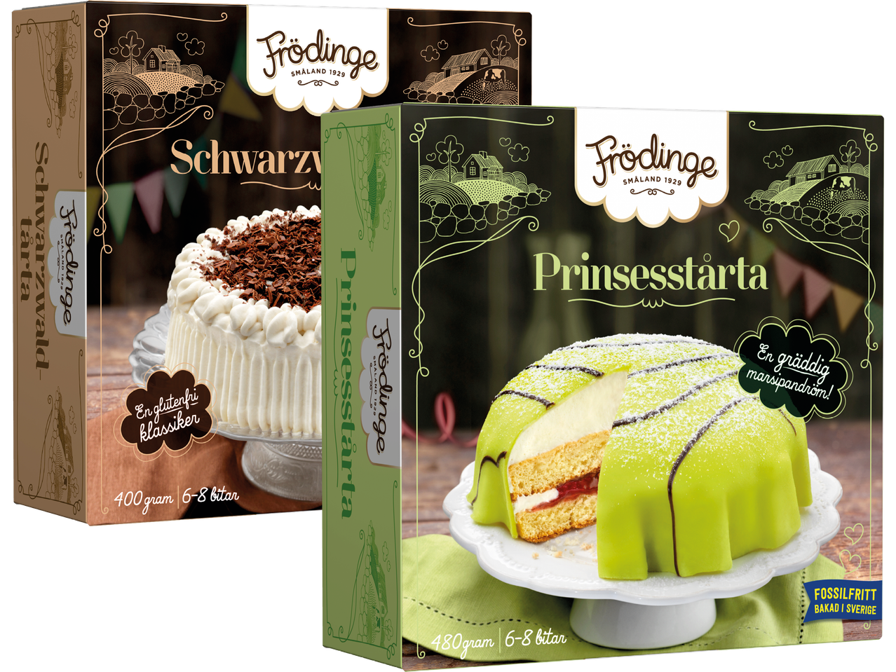 Frödinge Schwarzwaldtårta och Prinsesstårta i förpackningar.