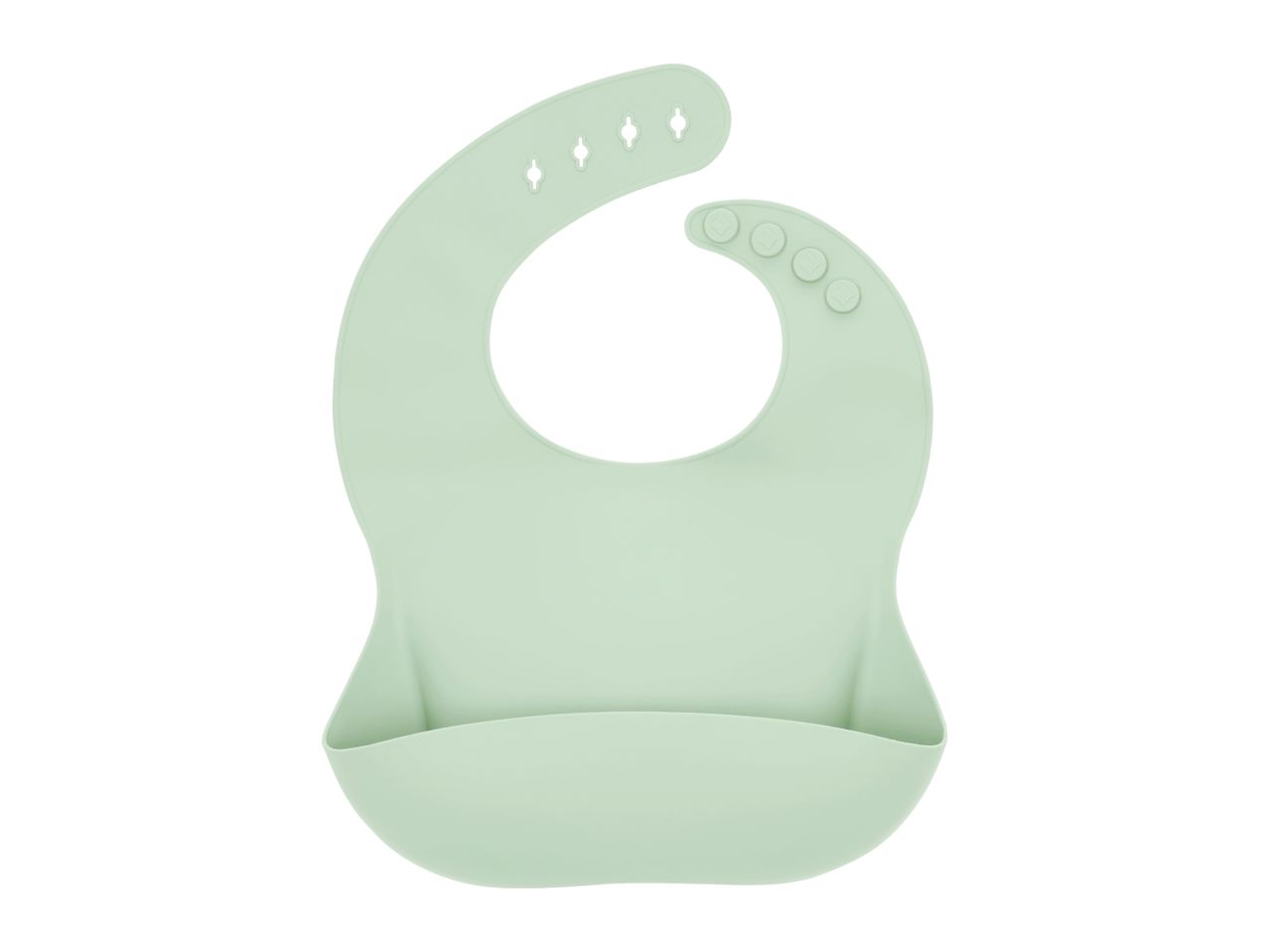 Light green silicone baby bib with adjustable neck fasteners and a crumb catcher