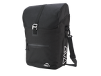 Black bicycle pannier with a roll-top closure, front zipper pocket, and reflective triangles.