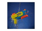 Yellow and blue water blaster with orange accents, being splashed with water against a blue background.
