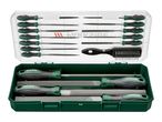 A set of files and rasps in a green and clear plastic case, including a cleaning brush.