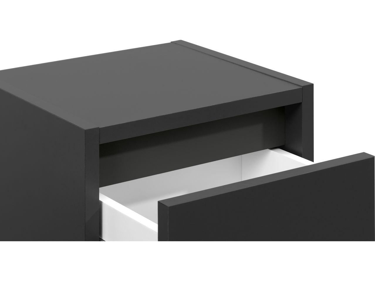 A dark gray bedside table with one drawer slightly open, revealing a white interior.