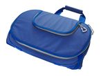 Blue insulated cooler bag with a top handle and zipper closure.