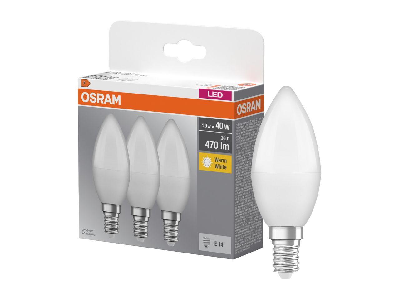 Three-pack of E14 LED candle bulbs with 470 lumens and warm white light.