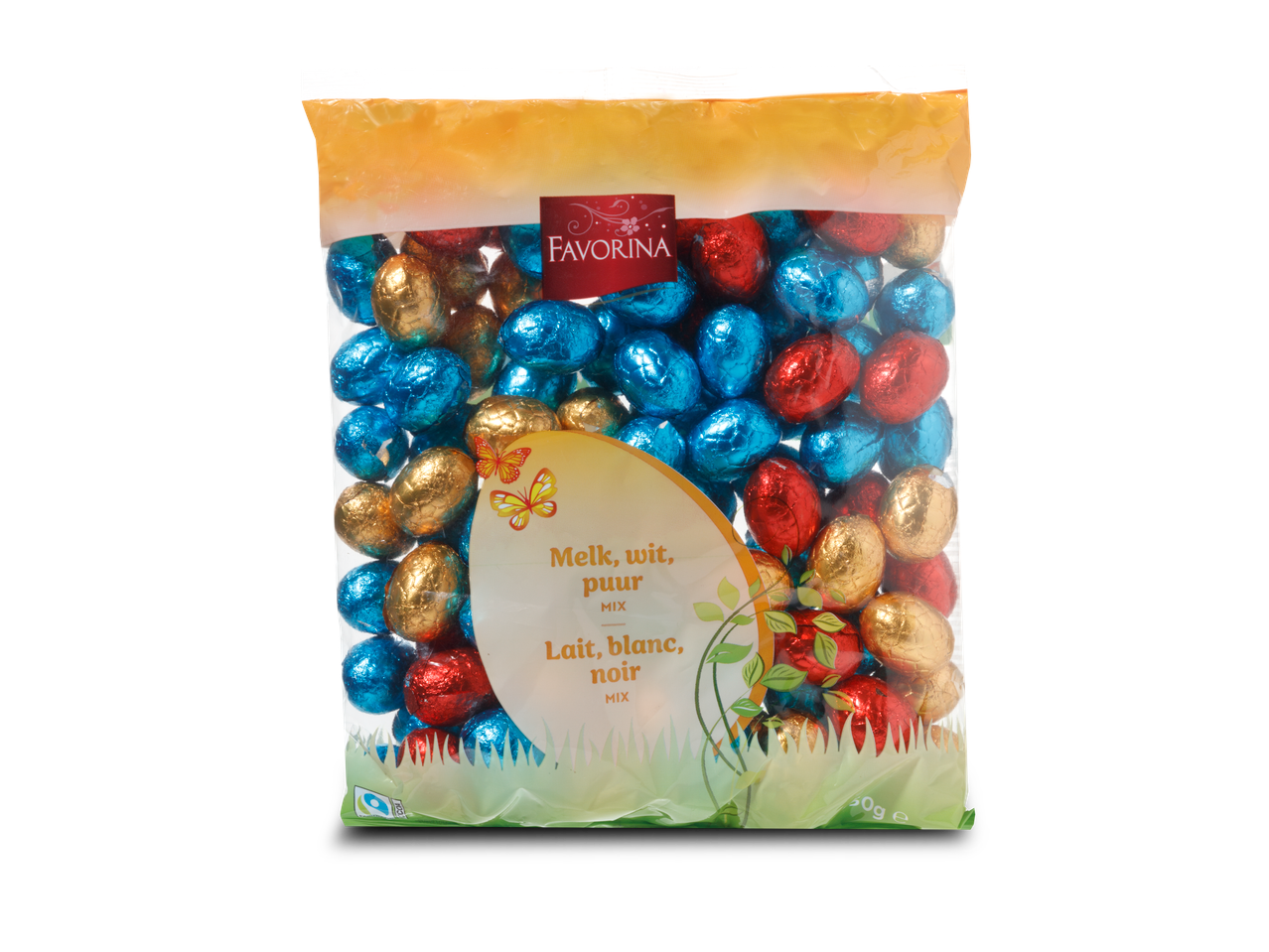 Favorina chocolade-eieren in blauw, goud en rood.