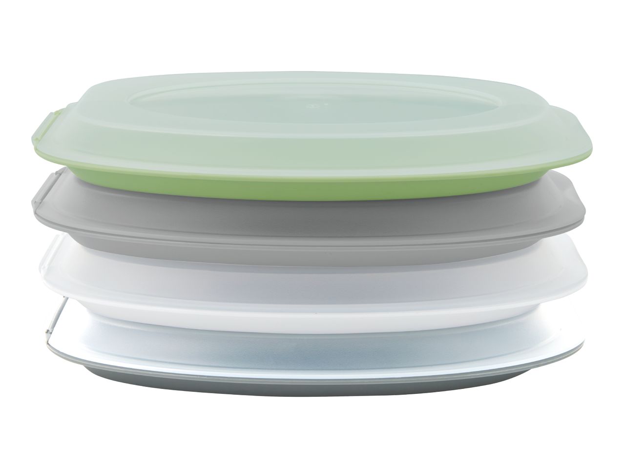 Stackable silicone food storage lids in green, gray, and white.