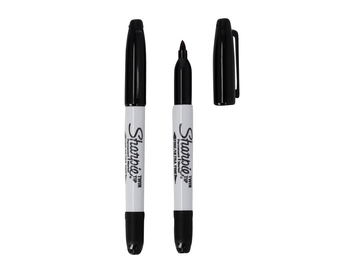 Two black Sharpie Twin Tip permanent markers and one cap.