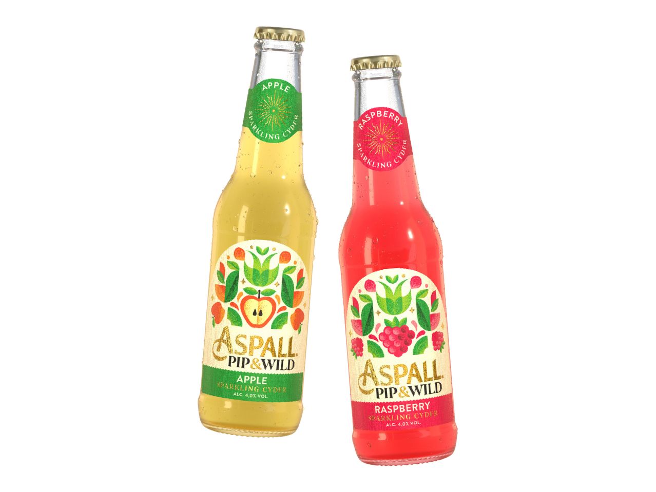 Dve boce Aspall Pip&Wild pjenušavog cidera, jedna jabuka, druga malina.