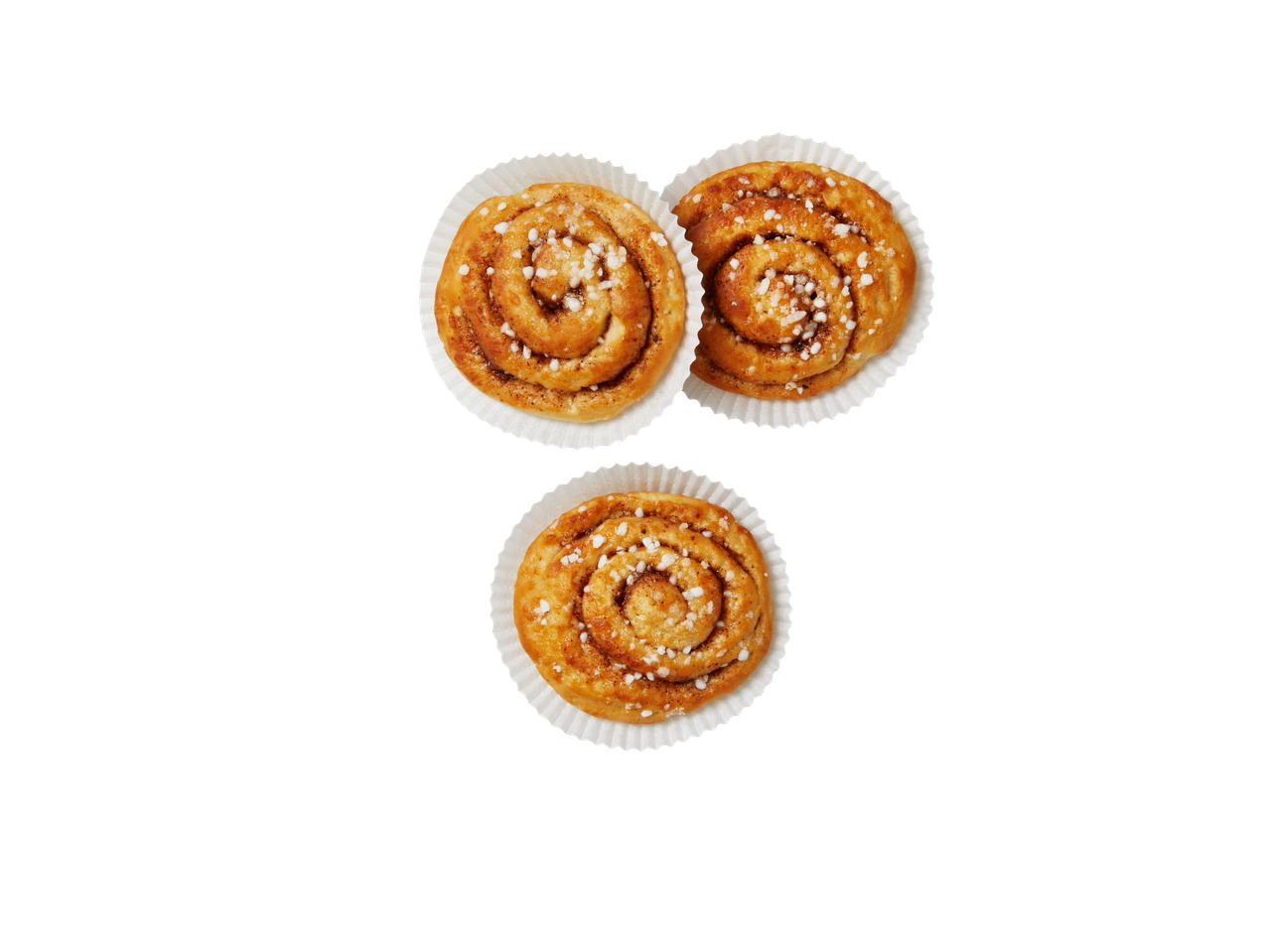 Drie kaneelbroodjes met suiker.