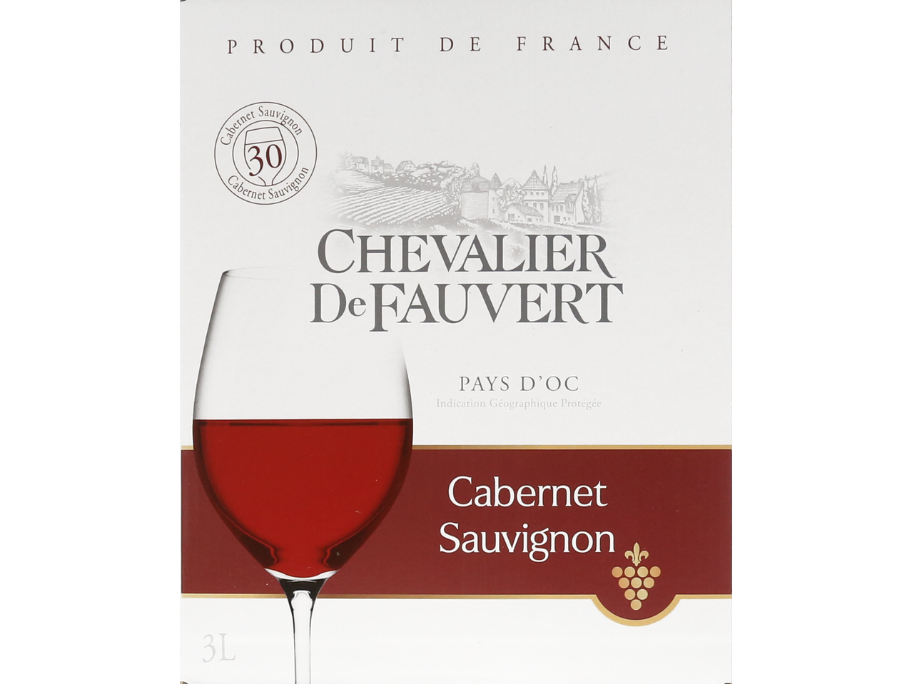 Carton de vin Pays d'Oc Cabernet Sauvignon IGP avec un verre de vin rouge.