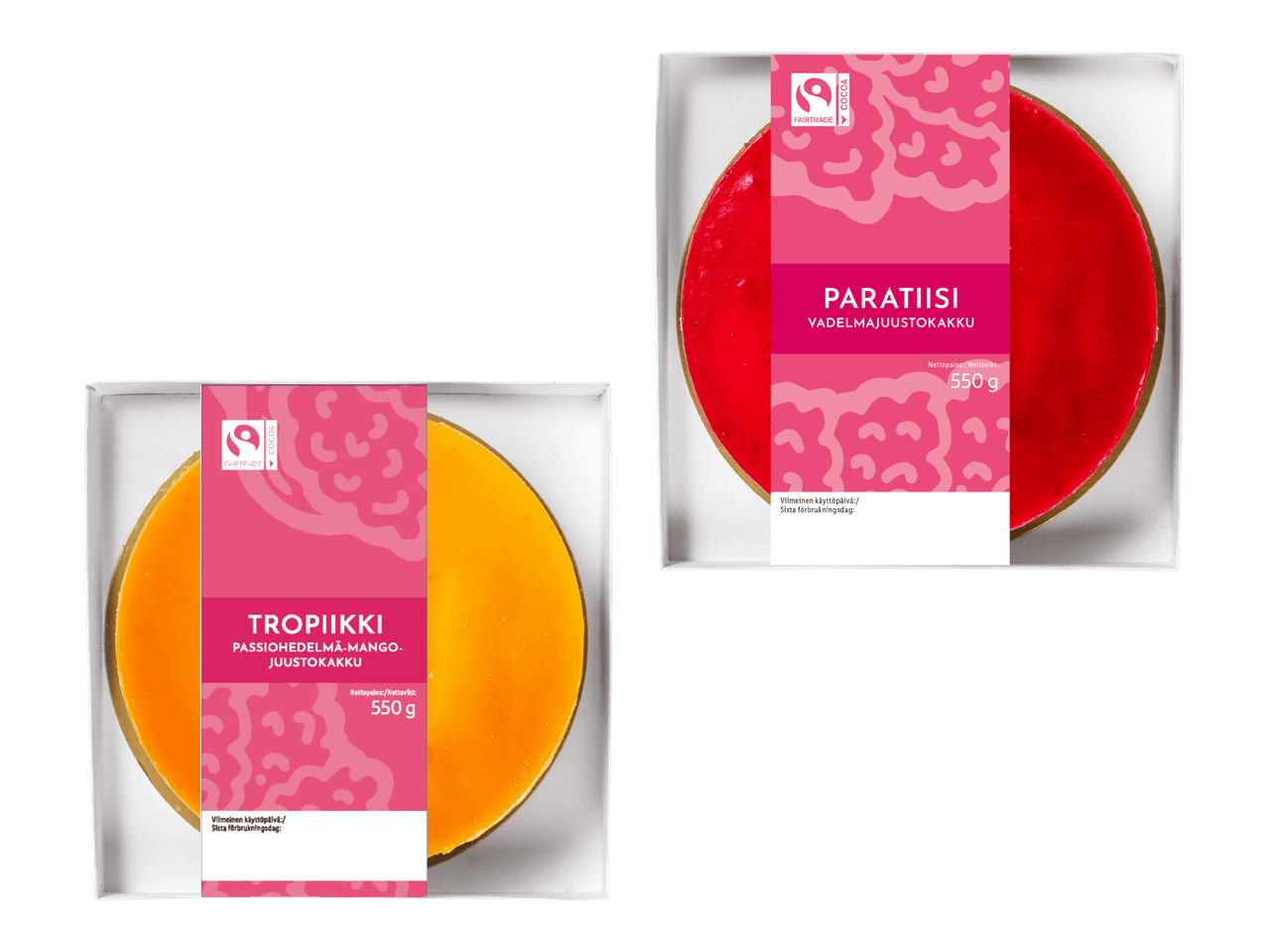 Kaksi juustokakkua pakkauksissaan: vadelmajuustokakku ja passionhedelmä-mangojuustokakku, molemmat 550 g.