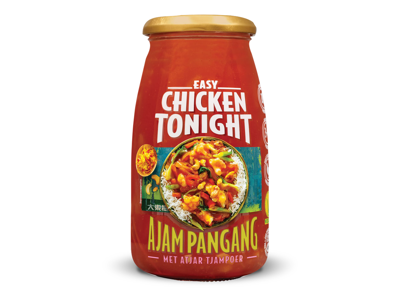 Fles rode saus met 'Easy Chicken Tonight Ajam Pangang' en een afbeelding van een maaltijd.