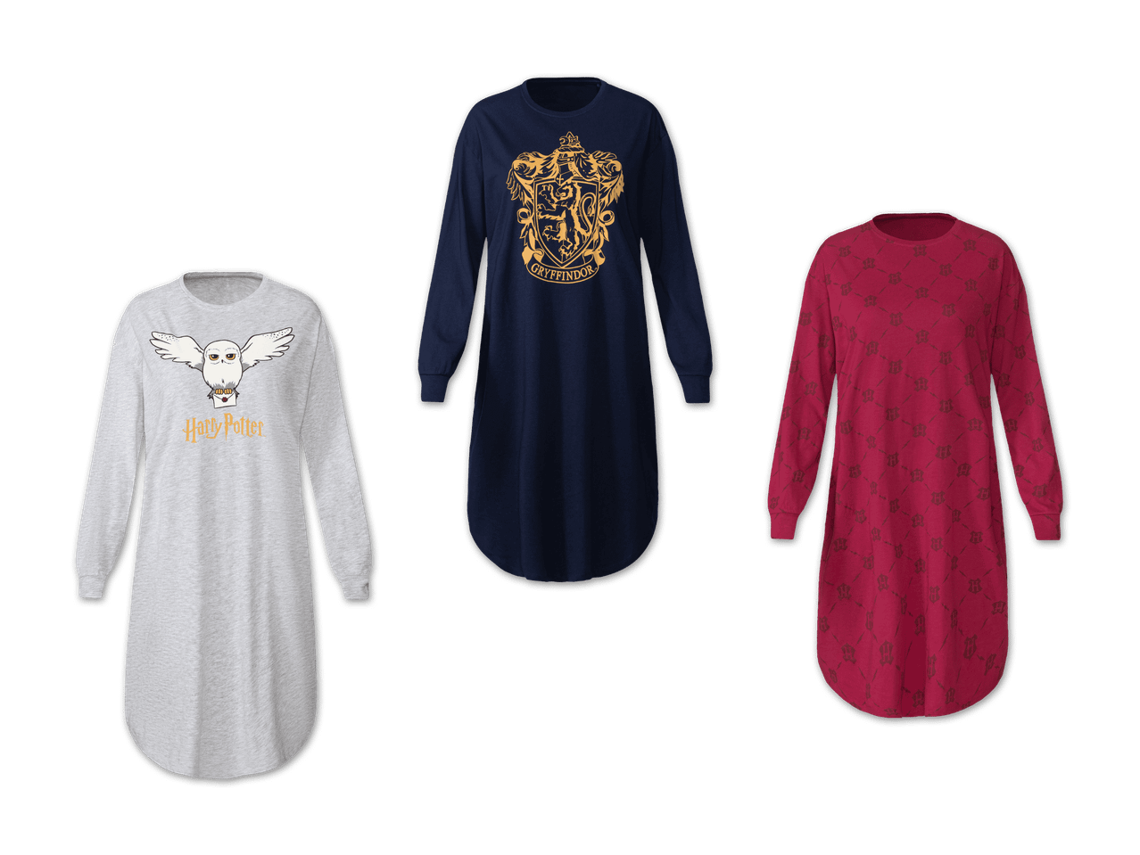 Drei Harry Potter Nachthemden: Grau mit Hedwig, Dunkelblau mit Gryffindor-Wappen, Rot mit Hogwarts-Logo.