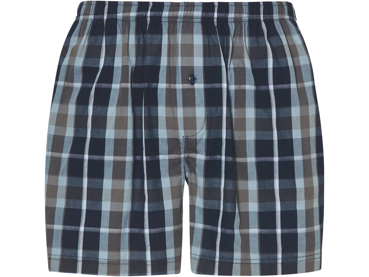 Mörkblå och beige rutig boxershorts.