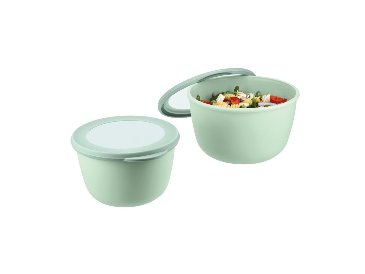 To mintgrønne madkasser, den ene fyldt med salat, den anden lukket.