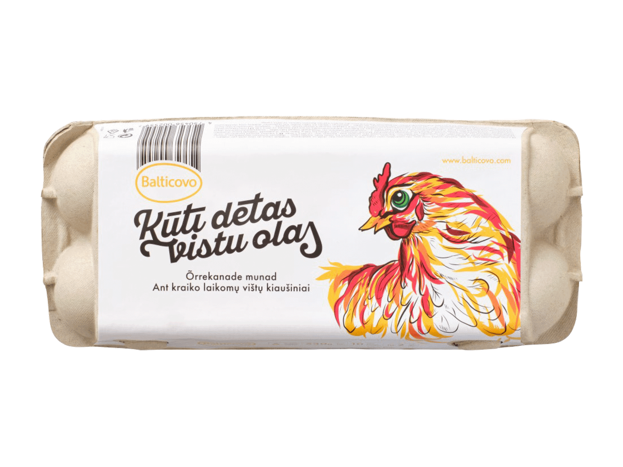 Balticovo kūtī dētas vistu olas iepakojums ar krāsainu vistas attēlu.