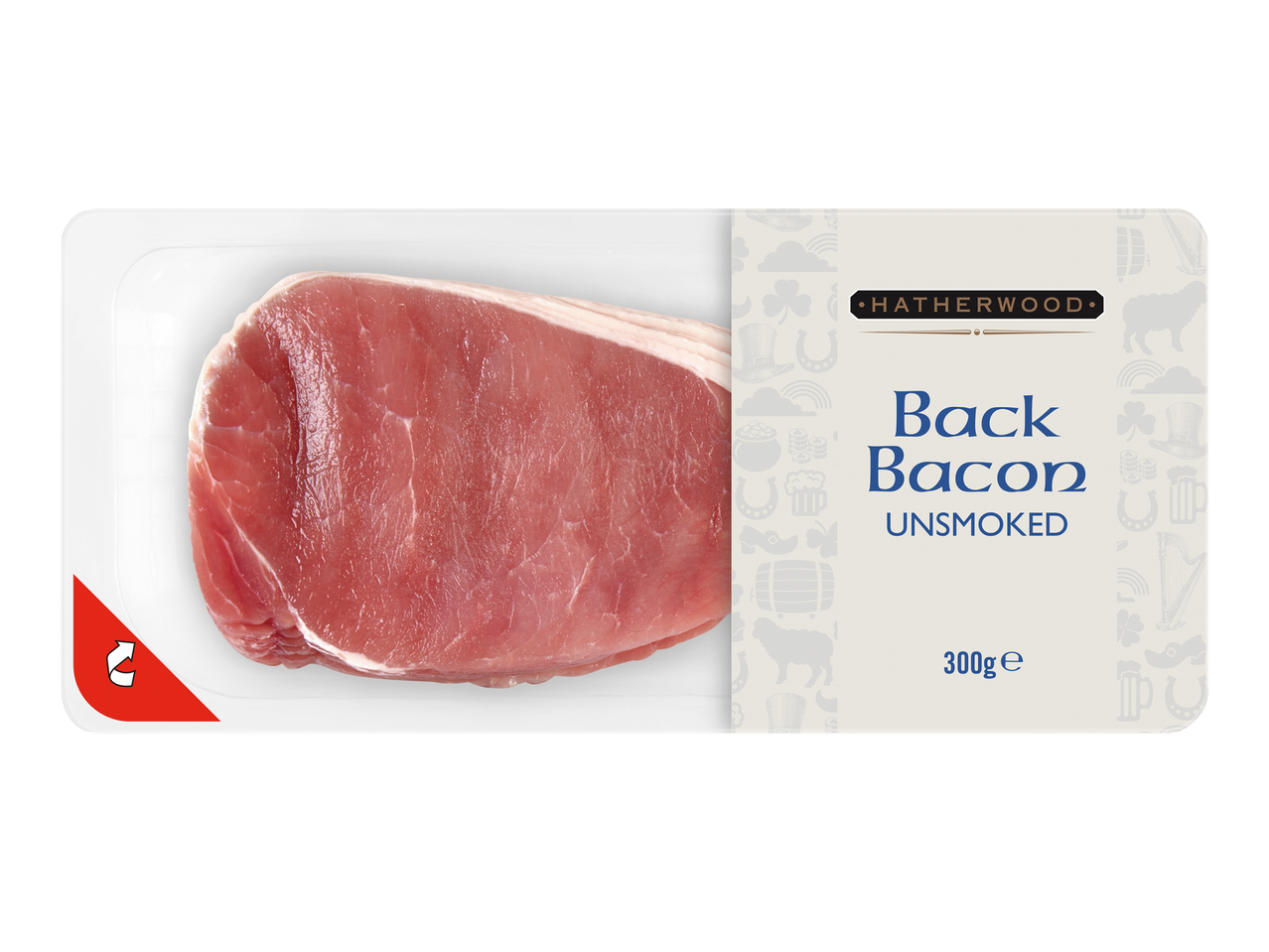 Опаковка с необработен свински гръбнак, с етикет „Back Bacon Unsmoked“, 300g.