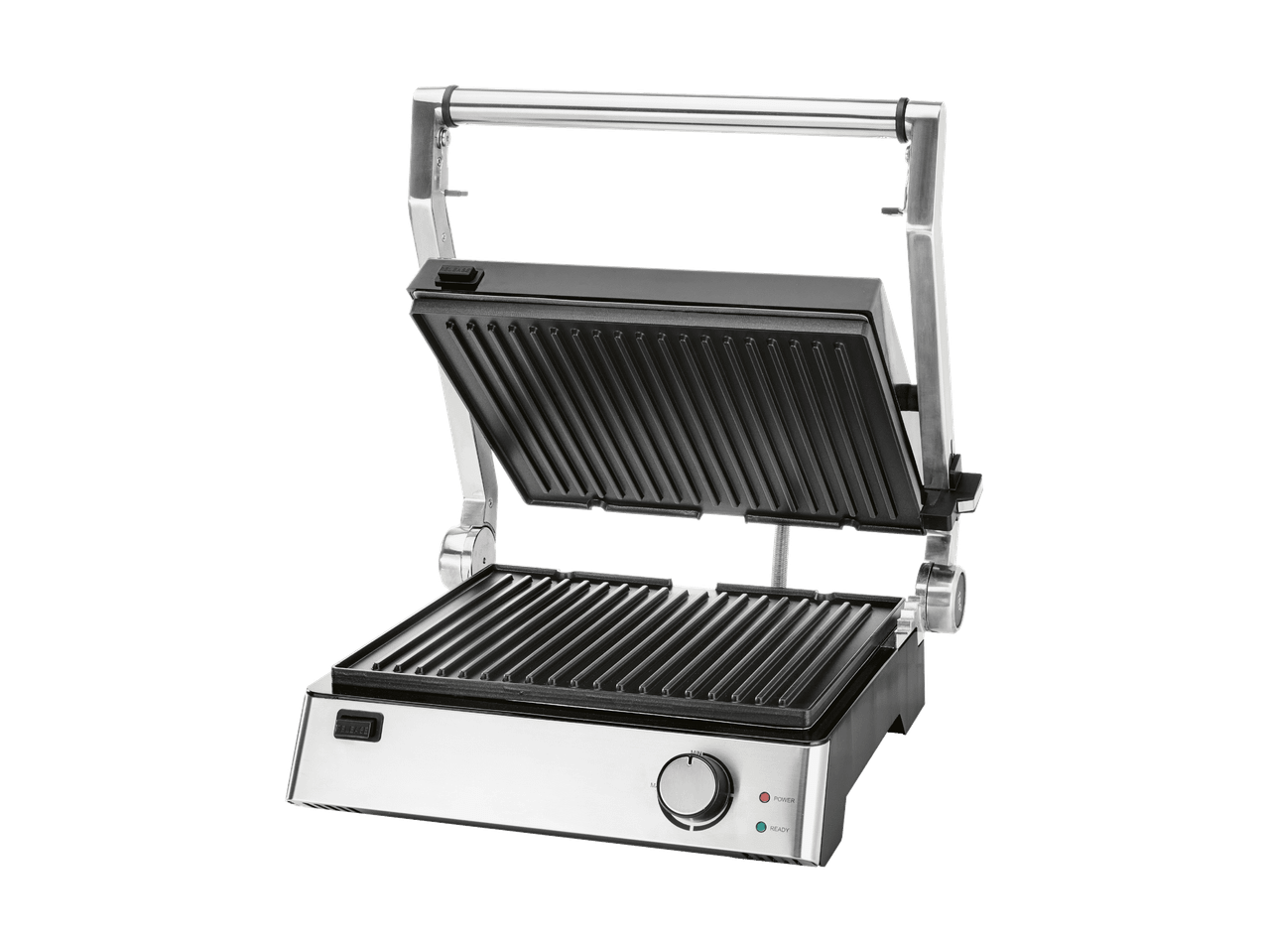 Åben elektrisk grill med rillede plader og temperaturkontrol.