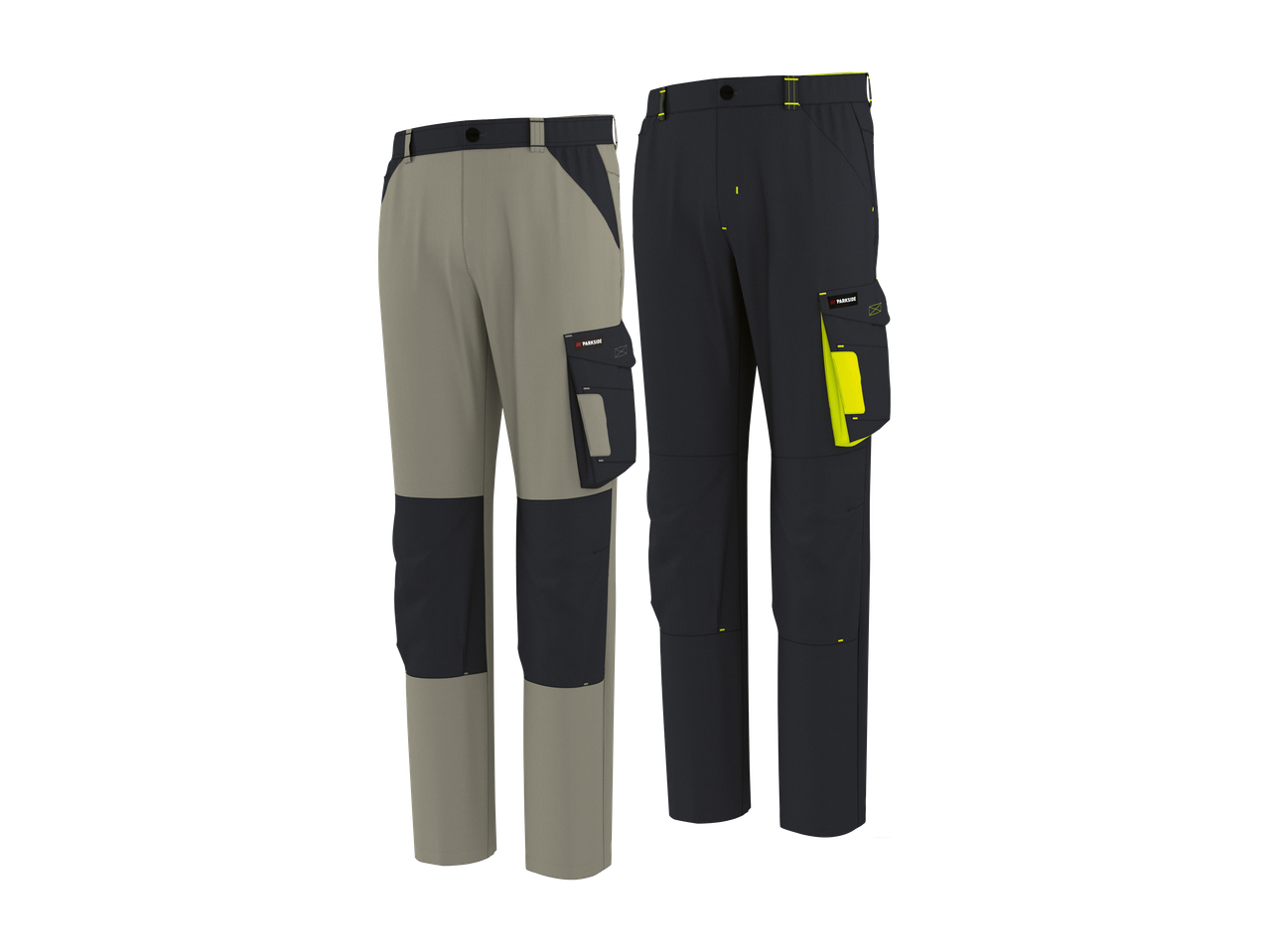 Dvoje delovnih hlač v bež in temno sivi barvi z rumenimi detajli in žepi.