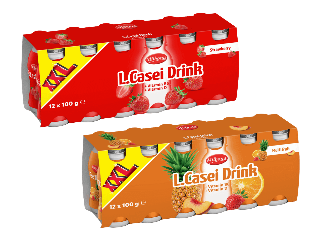 Milbona L.Casei Drink - mansikan ja monimehun makuisia juomia 12 x 100g pakkauksissa.