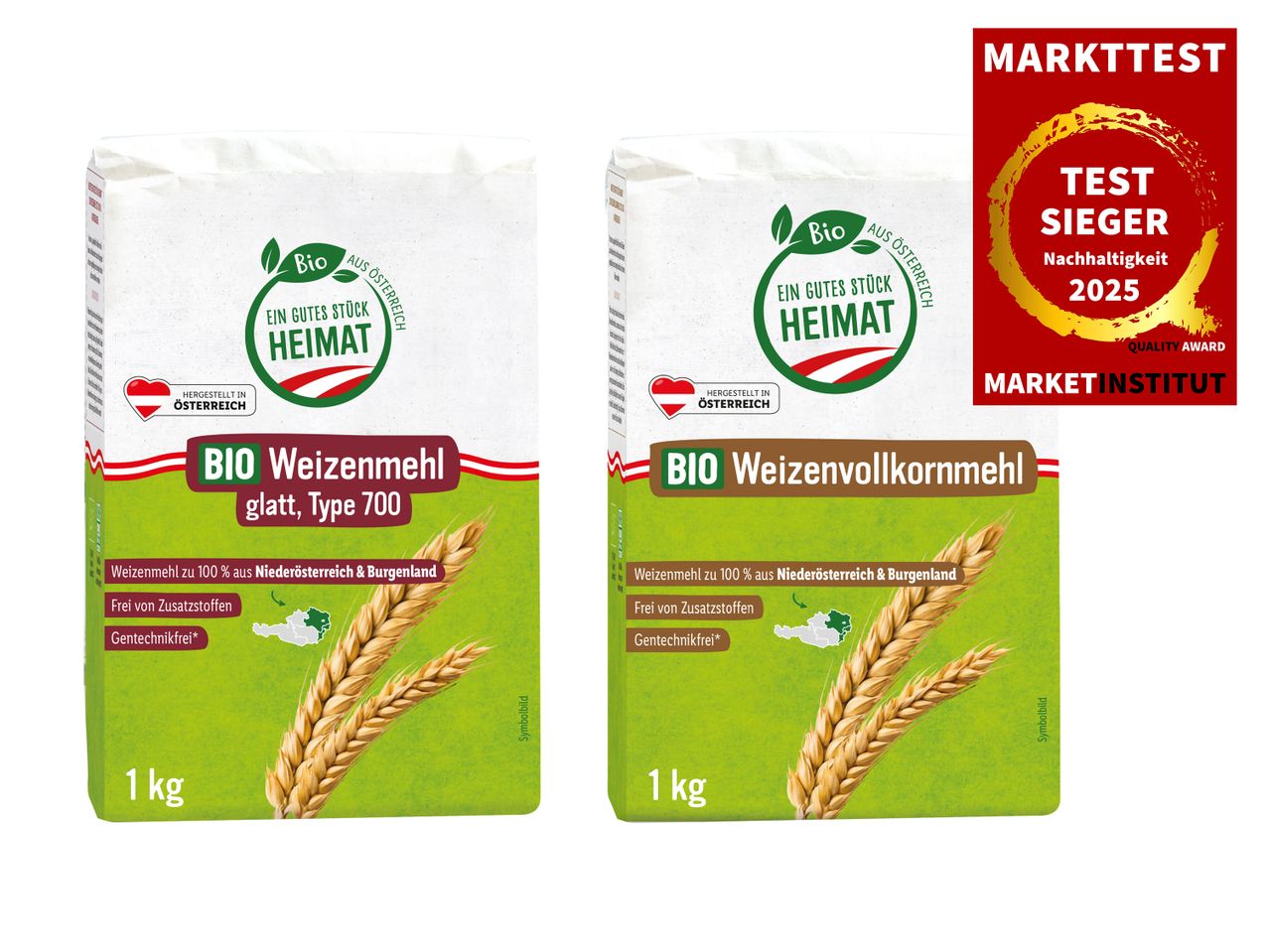 Zwei Packungen Bio-Weizenmehl und Bio-Weizenvollkornmehl von Heimat, hergestellt in Österreich.